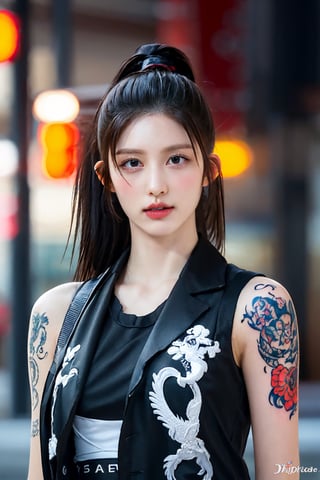 tattoo, 1girls, dragontattoo, modelpose, realistic, body_tattoo, background_city, sportswear, 8k, colorful, yakuza_tattoo, tatoo, 
street, city, gaeullorashy