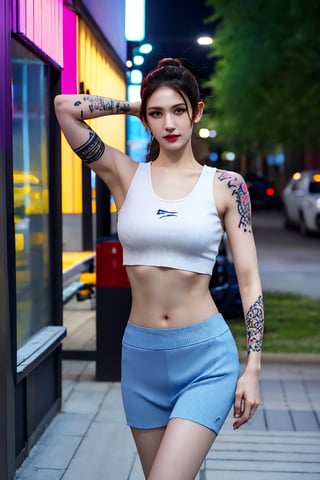 tattoo, 1girls, dragontattoo, modelpose, realistic, body_tattoo, background_city, 8k, colorful, sportswear, sportwear, yakuza_tattoo, tatoo, cityscape, street,irenelorashy,somilorashy