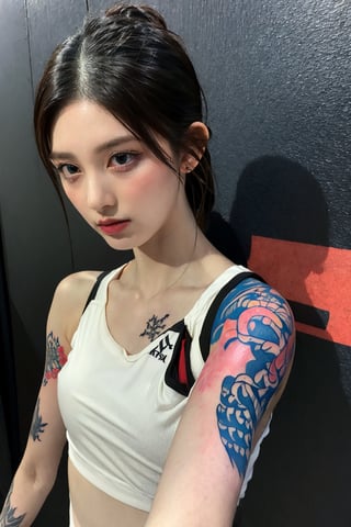 tattoo, 1girls, dragontattoo, modelpose, realistic, body_tattoo, background_city, sportswear, 8k, colorful, yakuza_tattoo, tatoo, 
street, city, gaeullorashy