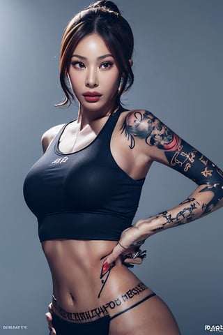 tattoo, 1girls, dragontattoo, modelpose, realistic, body_tattoo, background_city, 8k, colorful, sportswear, sportwear, yakuza_tattoo, tatoo, jessilorashy, cityscape, street