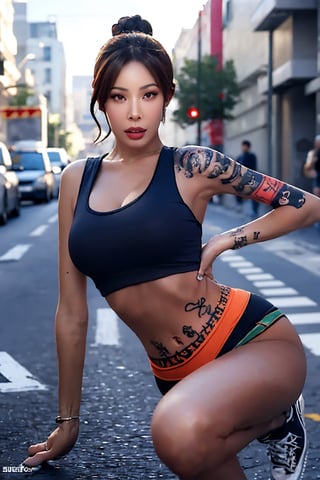 tattoo, 1girls, dragontattoo, modelpose, realistic, body_tattoo, background_city, 8k, colorful, sportswear, sportwear, yakuza_tattoo, tatoo, jessilorashy, cityscape, street, streetscape