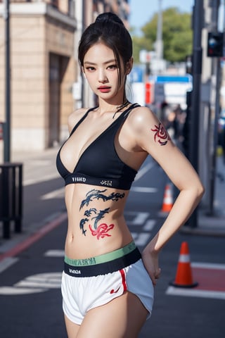 tattoo, 1girls, dragontattoo, modelpose, realistic, body_tattoo, background_city, 8k, colorful, sportswear, sportwear,  yakuza_tattoo, tatoo, , jennielorashy, city, street