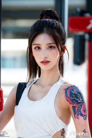 tattoo, 1girls, dragontattoo, modelpose, realistic, body_tattoo, background_city, sportswear, 8k, colorful, yakuza_tattoo, tatoo, 
street, city, gaeullorashy