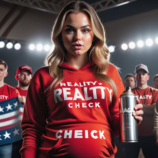 photography, intricate detail, (cinematic lighting:1.4), (at a MAGA rally:1.4), (holding spray can:1.4), hip level shot, dynamic angle, highest quality, photo of (pregnant 18 year old girl) perfect face, [dirty], seductive expression, (wearing sweat shirt text reads "reality check":1.4) athletic body,(full body:0.9), Text