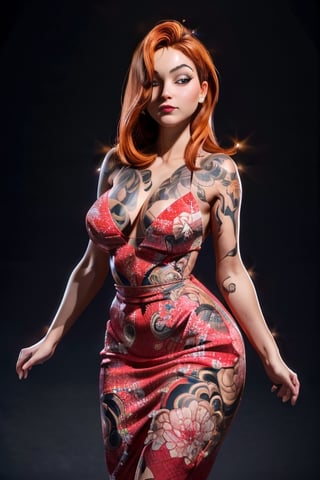 (master piece), (ultra-detailed), (highres, realistic:1.2), Luma, elegant and beautiful, stands tall with a strong posture. Her presence is captivating, radiating confidence and grace. Her figure is curvaceous, with breasts that possess a voluminous proportion, accentuating her femininity,YakuzaTattoo,JessicaWaifu