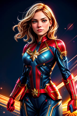 best quality,ultra-detailed,realistic:1.37,(HDR,UHD),(studio lighting),(physically-based rendering),(extreme detail description),(professional),(vivid colors),(bokeh),Sienna Miller as captain marvel,beautiful detailed eyes,glowing energy,cosmic background,striking costume,red, blue, and gold color scheme,dramatic lighting