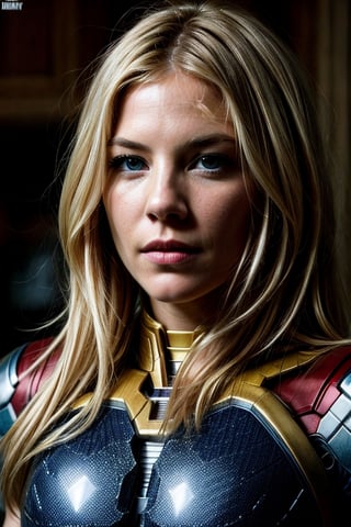 Sienna Miller, medium length blonde hair, blue eyes, detailed eyes, pale skin, looking confident, battleground, ironman suite, serious, ultra-detailed, high_res, marvel_comics