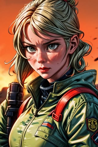 sienna miller,g.i. joe,action movie,heroine,strong female character,combat skills,military uniform,detailed camouflage,advanced weaponry,explosions,high adrenaline,dark and gritty atmosphere,best quality,ultra-detailed,realistic:1.37,portraits,warm color tones,dynamic lighting