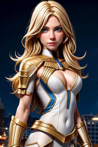 Sienna Miller, medium length blonde hair, blue eyes, detailed eyes, pale skin, looking confident, battleground, with an air of superiority, ironsuite, serious, ultra-detailed, high_res, marvel_comics