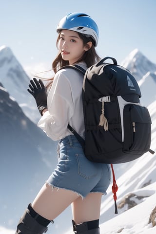 Mountain Everest,glacier,an explorer,16 yo,beautiful girl,very long hair, straight hair,brown hair, climbing mountain Everest,smile,wearing mountain climbing cloth,boots and helmet,gloves,backpack,holding rope,,Best Quality, 32k, photorealistic, ultra-detailed, finely detailed, high resolution, perfect dynamic composition, beautiful detailed eyes, sharp-focus, cowboy shot,front view,Chinese ink painting