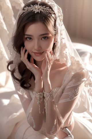 beautiful bride,dark blonde hair, she is wearing beautiful wedding dress, heels,accesories, and holding buquet,she is lying on bed,happy smile,face lighting,Best Quality, 32k, photorealistic, ultra-detailed, finely detailed, high resolution, perfect dynamic composition, beautiful detailed eyes, sharp-focus, cowboy shot,top view,ruanyi0263,bridal veil