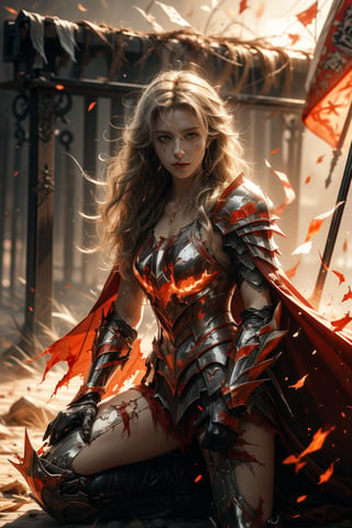 background is horizon,dark sky,smoke,flare,burning ground,burning flag,ash,hell,a girl,grey blonde hair,curly hair,very_long_hair,tiny earrings,tiny necklace,wearing broken armor and blacken and torn red cape,expose right shoulder,she is going down on a knee,Best Quality, 32k, photorealistic, ultra-detailed, finely detailed, high resolution, perfect dynamic composition, beautiful detailed eyes, sharp-focus, cowboy shot,More Detail,xuer plate armor,creepy,DonMB14ckR0ck,f1ame,xuer martial arts