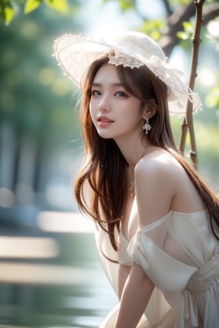 background is wooded valley,water,flowers,sun lights,fantastic scene,swing(tied branch of gigantic tree),
1 girl, 16 yo, beautiful girl, korean girl,play on sings,wearing white simple long dress(strap),lady hat(laced),bare feets,happy laugh, solo, {beautiful and detailed eyes}, dark eyes, calm expression, delicate facial features, ((model pose)), Glamor body type, medium breasts,(dark brown hair:1.2), simple tiny earrings, simple tiny necklace,hair_past_waist,very_long_hair, curly hair, flim grain, realhands, masterpiece, Best Quality, 16k, photorealistic, ultra-detailed, finely detailed, high resolution, perfect dynamic composition, beautiful detailed eyes, ((nervous and embarrassed)), sharp-focus, full_body, cowboy_shot,