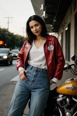 a beaty woman in a white and red faux leather sleeved varsity jacket, riding a harley davidson chopper in the afternoon in the middle of a crowded street of motor vehicles is very dramatic and realistic, masterpiece, with dim city lights illuminating the side of the highway and there are several neon boxes that add to the warm atmosphere of the afternoon.
With a calm look and a faint smile on his face, this man looks like one who takes joy in the beauty of the architecture around him. Despite being 50 years old, he exudes an aura of maturity and courage to appreciate aesthetics. This scene creates a beautiful picture of someone who appreciates beauty and details in his life.
To his left, a small kitten is keeping him company, nestled beside his left foot, adding a touch of warmth and charm to this artistic moment. The soft sunlight highlights the man's features and the intricate textures of the crumbling house, creating a captivating and visually striking tableau.