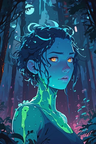  best quality, style of atey ghailan, Laurie Greasley, upper body portrait of a anime slime girl, made out of slime, gooey, high contrast, cel-shading, fantasy forest, dark night, luminescent particals, cel-shading, digital artwork, inspired by Supergiant games "Hades", hdr, udh, cinematic, highly detailed, masterpiece, 