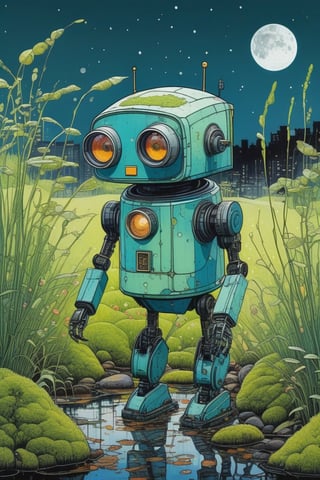 (by Hope Gangloff, Carl Larsson, (Simon Stålenhag:1.1):1.05), conceptual art, chibi cute small (vibrant:1.1) robot with moss, overgrown grass, moonlight, ink stains, ink splashes, city background, (sketched lines:1.2),(post-Impressionist, circular vector art:1.2), cyberpunk art,