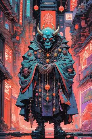 A flat color gouache painting, studio ghibli, Norman Rockwell, full body shot. dark cyberpunk neon cityhall, A heavy textured oni demon face with well-defined details with intricate prayer beads made out of skulls, neon, cloak, intricate ornaments, dynamic composition, cyberpunk art, Intricate Details, space suit, mysterio, hypermaximalist, dark and stylish aesthetic, fantasy theme.