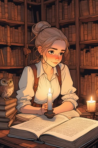 Inside a library dungeon, lit by a single candle, confused female, hugging an owl, ponytail, linen shirt, surrounded by antique books, (by posuka demizu:1.5), Studio Ghibli, aesthetic illustration, fantasy illustration by Brian Kesinger, detailed background, (sketched lines:1.6),  (realistic, ilya kuvshinov:0.6), anime steampunk style,