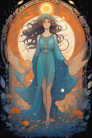 full body portrait, demeter, Nyx, surrounded with wispy runic glowing magic, (by posuka demizu:1.5), Studio Ghibli, aesthetic illustration, fantasy illustration by Brian Kesinger, detailed background, (sketched lines:1.6),  (ilya kuvshinov:0.6),