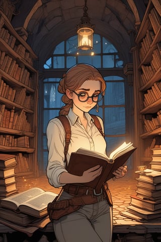 (Inside a dungeon:1.3), library, lit by a single candle, (Scared female:1.8), hugging an owl, ponytail, linen shirt, surrounded by antique books, (by posuka demizu:1.5), Studio Ghibli, aesthetic illustration, fantasy illustration by Brian Kesinger, detailed background, (sketched lines:1.6),  (realistic, ilya kuvshinov:0.6), anime steampunk style,