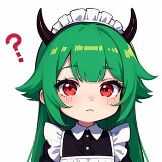 (best quality, vivid colors, anime:1.1), 1girl, chibi, red eyes,horns, red horns, light green hair, confused with a question mark, confused look, long hair, maid costume,maid headdress, gentle sunlight, cheerful expression, emote for twitch, white background, sticker