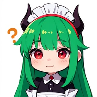 (best quality, vivid colors, anime:1.1), 1girl, chibi, red eyes,horns, red horns, light green hair, confused with a question mark, long hair, maid costume,maid headdress, gentle sunlight, cheerful expression, emote for twitch, white background, sticker