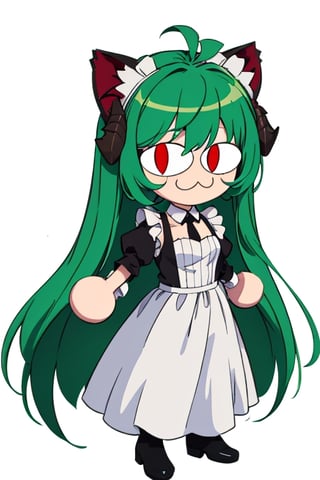 (best quality,  vivid colors,  anime:1.1),  1girl,  chibi,  red eyes, horns,  red horns,  light green hair,  long hair,  maid costume, maid headdress, gentle sunlight,  cheerful expression, white background, full body, :3, cat ears, chibi, cat girl, cat tail, solo, slit pupils