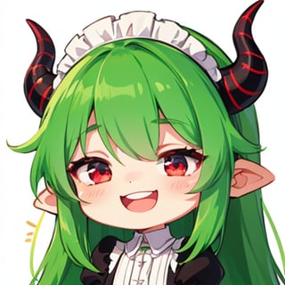 (best quality, vivid colors, anime:1.1), 1girl, chibi, red eyes,horns, red horns, light green hair, (happy:1.3), long hair, maid costume,maid headdress, gentle sunlight, cheerful expression, emote for twitch, white background, sticker