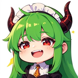 (best quality, vivid colors, anime:1.1), 1girl, chibi, red eyes,horns, red horns, light green hair, (happy:1.3), long hair, maid costume,maid headdress, gentle sunlight, cheerful expression, emote for twitch, white background, sticker