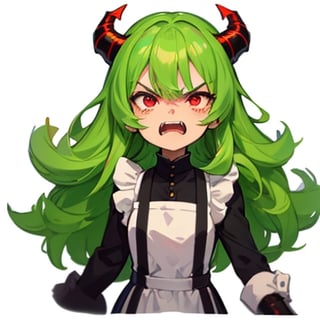 (best quality, vivid colors, anime:1.1), 1girl, chibi, red eyes,horns, red horns, light green hair, (angry:1.3), long hair, maid costume,maid headdress, gentle sunlight, cheerful expression, emote for twitch, white background, sticker