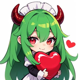 (best quality, vivid colors, anime:1.1), 1girl, chibi, red eyes, red horns, light green hair, holding red heart balloon, hugging heart balloon, , long hair, maid costume, gentle sunlight, cheerful expression, emote for twitch, white background, sticker