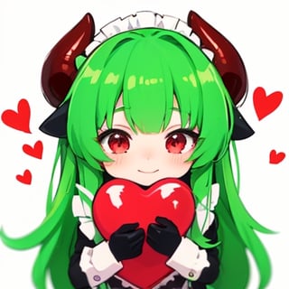 (best quality, vivid colors, anime:1.1), 1girl, chibi, red eyes, red horns, light green hair, holding red heart balloon, hugging heart balloon, , long hair, maid costume, gentle sunlight, cheerful expression, emote for twitch