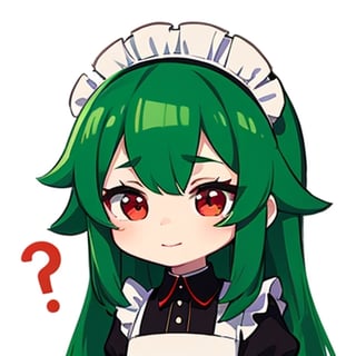 (best quality, vivid colors, anime:1.1), 1girl, chibi, red eyes,horns, red horns, light green hair, confused with a question mark, confused look, long hair, maid costume,maid headdress, gentle sunlight, cheerful expression, emote for twitch, white background, sticker