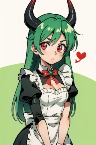 Anime, maid_costume, cute, red_eyes, green_hair,long_hair , red_horns, 1girl, kawaii, LatteArt