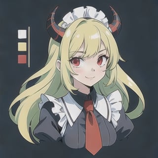 (best quality, vivid colors, anime:1.1), 1girl, red eyes,maid_costume , horns, red horns, light green hair, long hair, gentle sunlight, cheerful expression, face focus, looking at viewer, brightful colors, full body, CharacterSheet, (multiple views, full body, upper body, reference sheet:1)