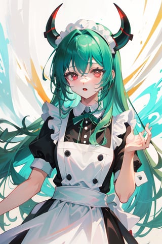 Anime, maid_costume, cute, red_eyes, green_hair,long_hair , red_horns, 1girl, kawaii, perfect anime quality