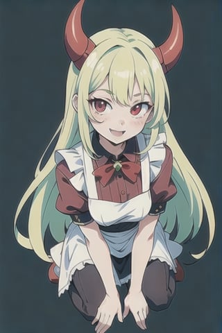 (best quality, vivid colors, anime:1.1), 1girl, red eyes,maid_costume , horns, red horns, light green hair, long hair, gentle sunlight, cheerful expression, face focus, looking at viewer, brightful colors, full body