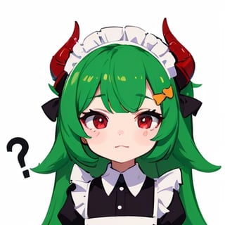 (best quality, vivid colors, anime:1.1), 1girl, chibi, red eyes,horns, red horns, light green hair, confused with a question mark, confused look, long hair, maid costume,maid headdress, gentle sunlight, cheerful expression, emote for twitch, white background, sticker