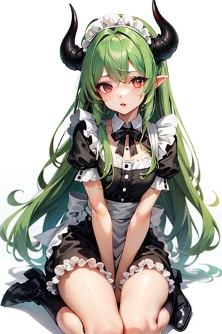 Anime, maid_costume, girl, cute, chibi, red_eyes, green_hair,long_hair , simple_background, red_horns, full_body
