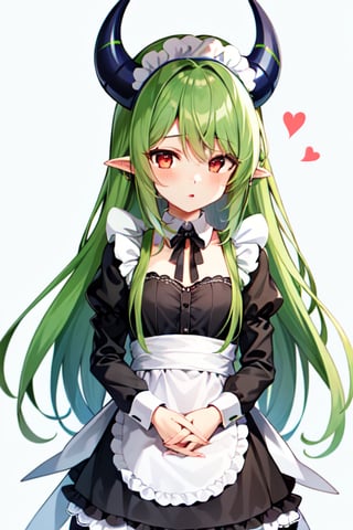 Anime, maid_costume, cute, red_eyes, green_hair,long_hair , red_horns, 1girl, kawaii