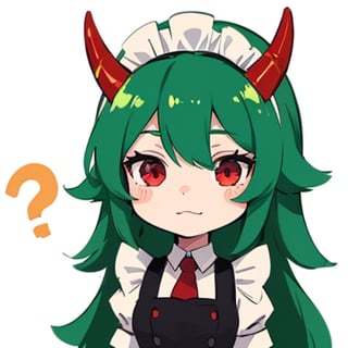 (best quality, vivid colors, anime:1.1), 1girl, chibi, red eyes,horns, red horns, light green hair, confused with a question mark, confused look, long hair, maid costume,maid headdress, gentle sunlight, cheerful expression, emote for twitch, white background, sticker