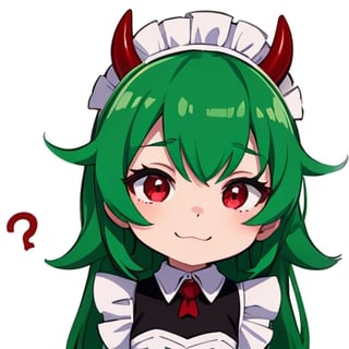 (best quality, vivid colors, anime:1.1), 1girl, chibi, red eyes,horns, red horns, light green hair, confused with a question mark, long hair, maid costume,maid headdress, gentle sunlight, cheerful expression, emote for twitch, white background, sticker