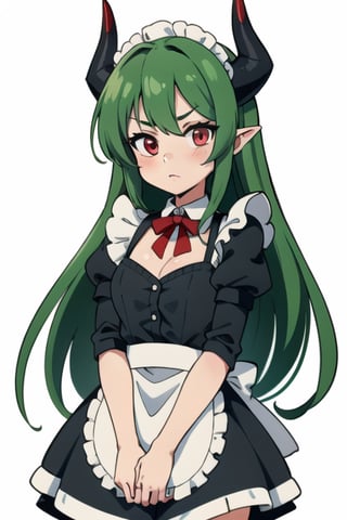 Anime, maid_costume, cute, red_eyes, green_hair,long_hair , red_horns, 1girl, kawaii
