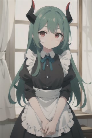 Anime, (masterpiece), best quality, high resolution, highly detailed, detailed background, perfect lighting, maid_costume, cute, red_eyes, green_hair, long_hair , red_horns, 1girl, kawaii, perfect anime quality, photo