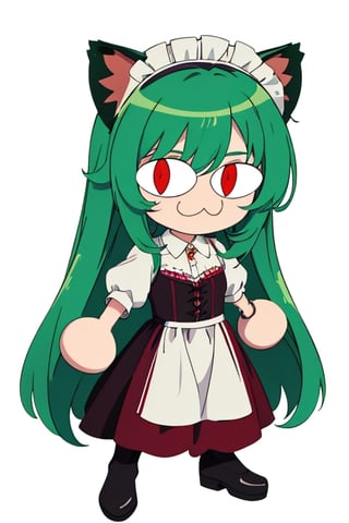 (best quality,  vivid colors,  anime:1.1),  1girl,  chibi,  red eyes, horns,  red horns,  light green hair,  long hair,  maid costume, maid headdress, gentle sunlight,  cheerful expression, white background, full body, :3, cat ears, chibi, cat girl, cat tail, solo, slit pupils