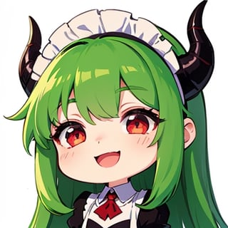 (best quality, vivid colors, anime:1.1), 1girl, chibi, red eyes,horns, red horns, light green hair, (happy:1.3), long hair, maid costume,maid headdress, gentle sunlight, cheerful expression, emote for twitch, white background, sticker