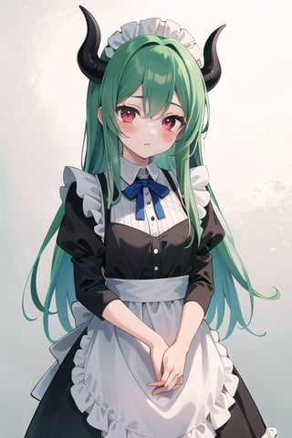 Anime, (masterpiece), best quality, high resolution, highly detailed, detailed background, perfect lighting, maid_costume, cute, red_eyes, green_hair, long_hair , red_horns, 1girl, kawaii, perfect anime quality, photo