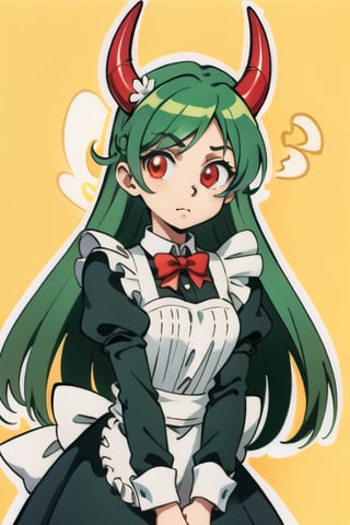 Anime, maid_costume, cute, red_eyes, green_hair,long_hair , red_horns, 1girl, kawaii,LatteArt