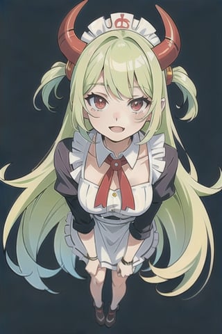 (best quality, vivid colors, anime:1.1), 1girl, red eyes,maid_costume , horns, red horns, light green hair, long hair, gentle sunlight, cheerful expression, face focus, looking at viewer, brightful colors, full body