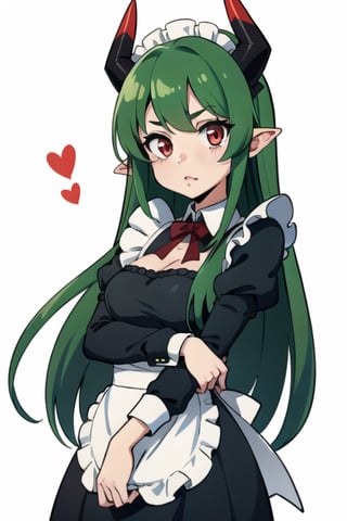 Anime, maid_costume, cute, red_eyes, green_hair,long_hair , red_horns, 1girl, kawaii
